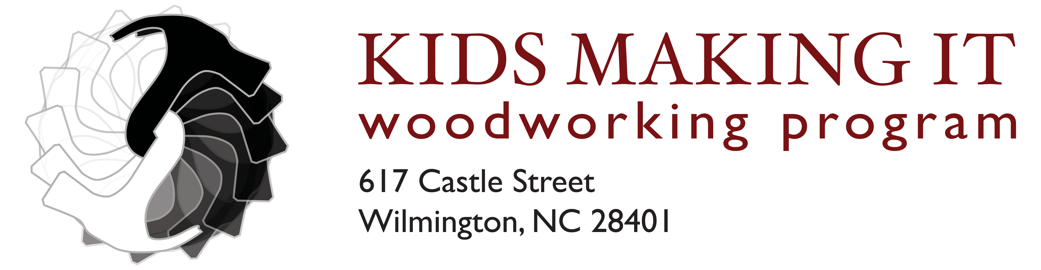 Kids Making It Logo with hammer symbol and white and red text